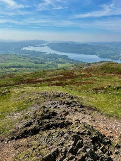 The summit of Wansfell Pike above Ambleside with Windermere beyond, Lake District